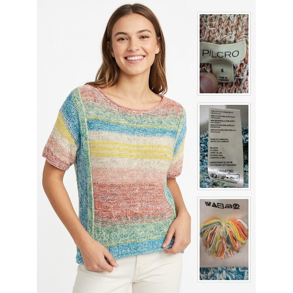 Anthropologie Pilcro Striped Knit Sweater Top Small S Short Sleeve Slub Boho